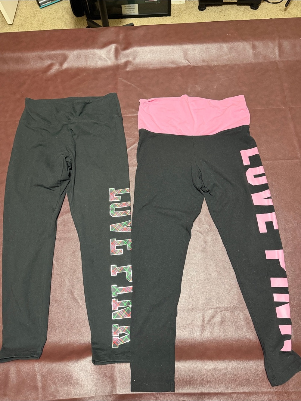PINK Victoria's Secret Black Leggings with Pink and plaid 'LOVE PINK' Side Logo